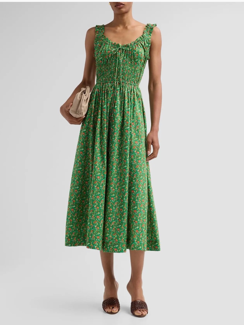 Doen Green Floral Smocked Maxi Emmaretta Dress with Ruffle Straps Size Large - Picture 7 of 8